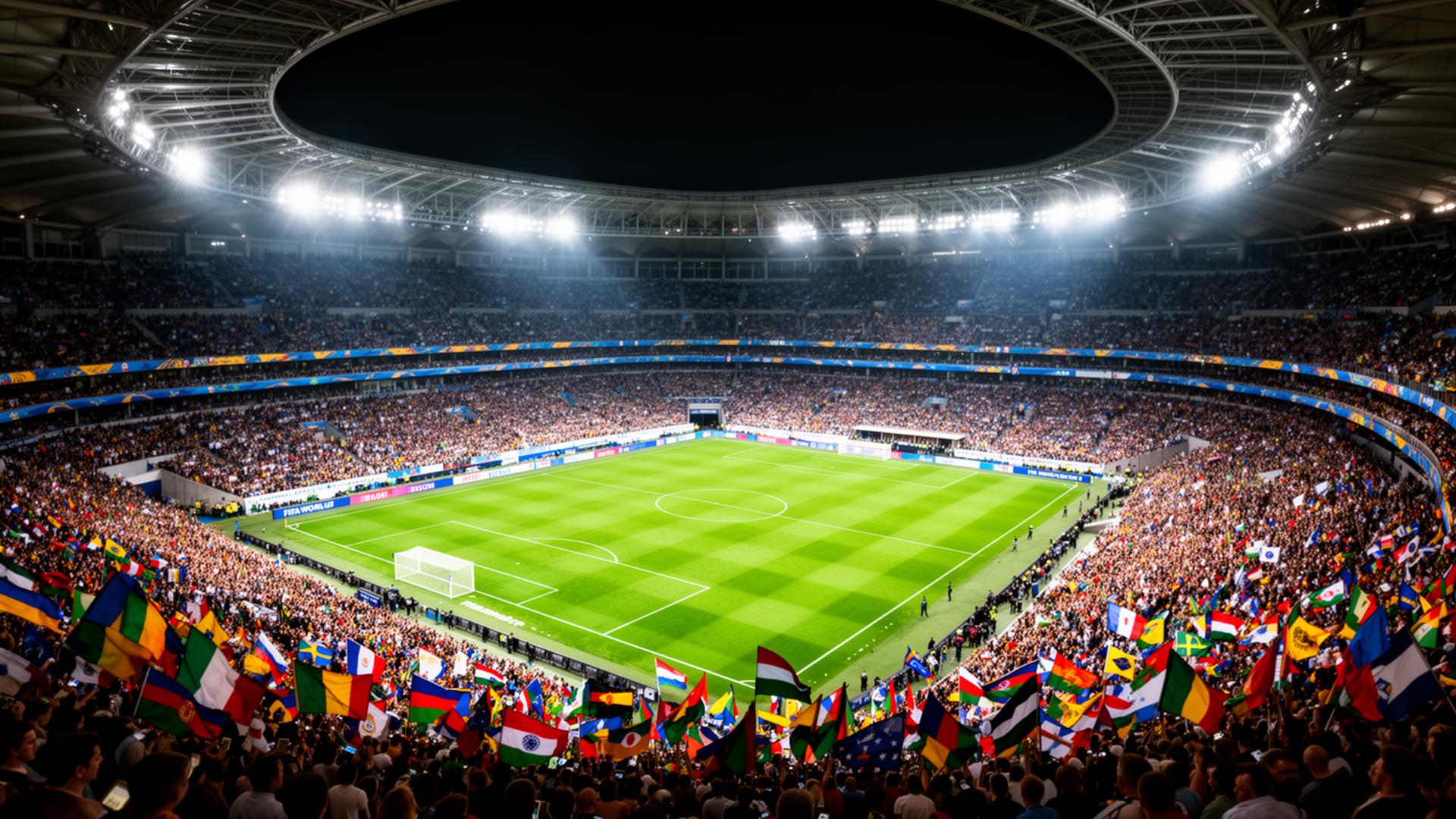 Packed World Cup stadium with fan flags